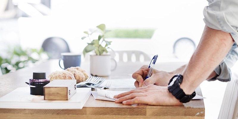 Reviewing documents at a table