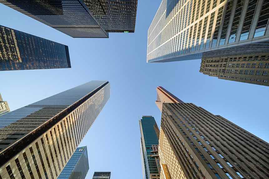 Looking up at towers in the Toronto financial district